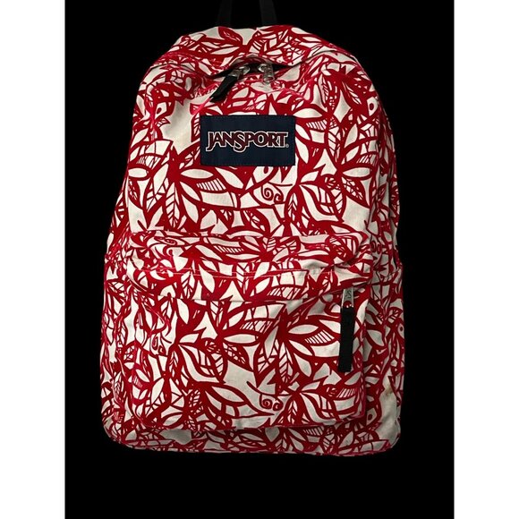 Jansport Red & White Floral Pattern Backpack With Front Pocket & Padded Straps - Picture 1 of 10